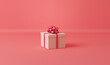 White gift boxes with Pink ribbon, on a isolated Pink and Living Coral color background. Concept for women, holidays. Valentine's Day or wedding day romantic background for banner, events. 3D render
