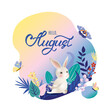© MySunShine - Monthly calendar page with hand drawn lettering Hello August and cute character rabbit. Colorful summer card or background with white hear, butterflies, leaves, grass - flowers. Vector illustration