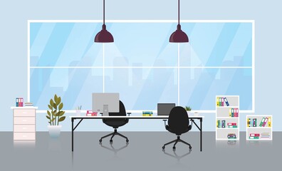  Office room interior with cityscape outside window. Vector illustration.