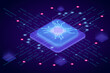 Microchip processor with lights effects. CPU isometric banner. Central Computer Processors CPU concept.Digital	