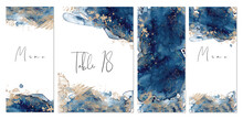 Classic Blue And Gold Wedding Set With Hand Drawn Watercolor Background. Includes Table Number And Menu Cards Templates