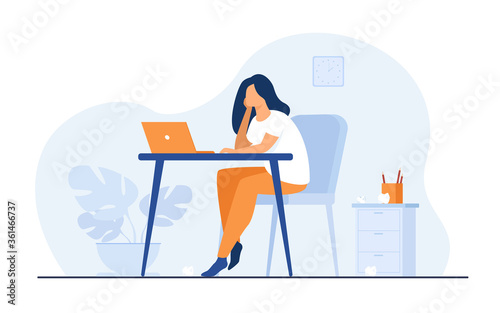 Cuadros en Lienzo Cartoon exhausted woman sitting and table and working isolated flat vector illustration