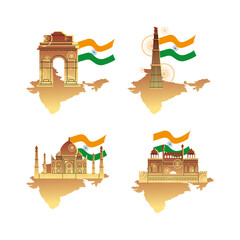 Wall Mural - India landmarks places with flags vector design