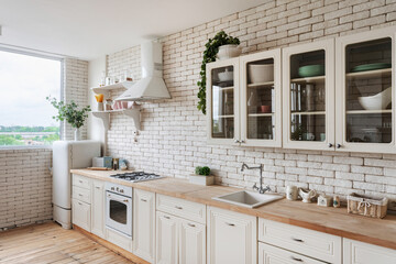 Wall Mural - White kitchen in apartment with modern interior