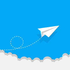 White paper airplane with shadow. Paper airplane on blue background. Leadership, teamwork ,Abstract, Blue, Business. Paper airplane in the sky with clouds