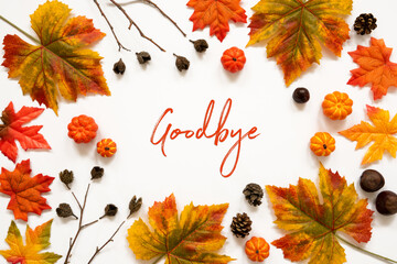 beautiful calligraphy of english text goodbye. frame of bright colorful autumn leaf decoration.