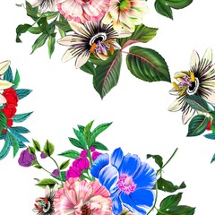 Sticker - Seamless pattern with spring flowers and leaves. Hand drawn background. Flower pattern for wallpaper or fabric. Flower rose.