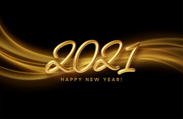 Wall Mural - 2021 inscription on the background of gold glitter confetti wave. Vector illustration