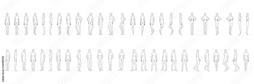 Fashion template of 50 men and women. 9 head size for technical drawing. Gentlemen and lady figure front, side, 3-4 and back view. Vector outline boy and girl for fashion sketching and illustration. - obrazy, fototapety, plakaty 