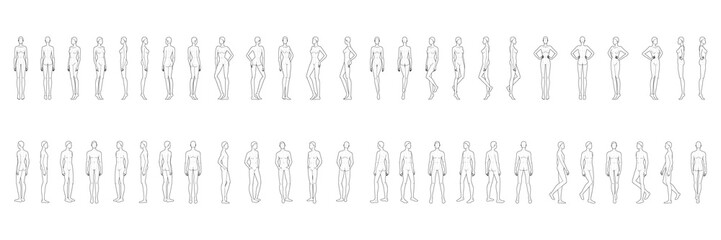 fashion template of 50 men and women. 9 head size for technical drawing. gentlemen and lady figure f