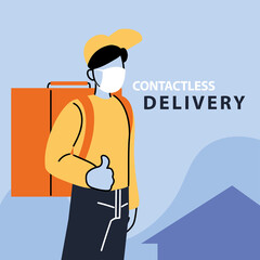 Wall Mural - contactless delivery, man courier with face mask and delivery backpack