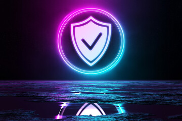 Poster - Digital cyber security holographic icon illuminating the floor with blue and pink neon light 3D rendering