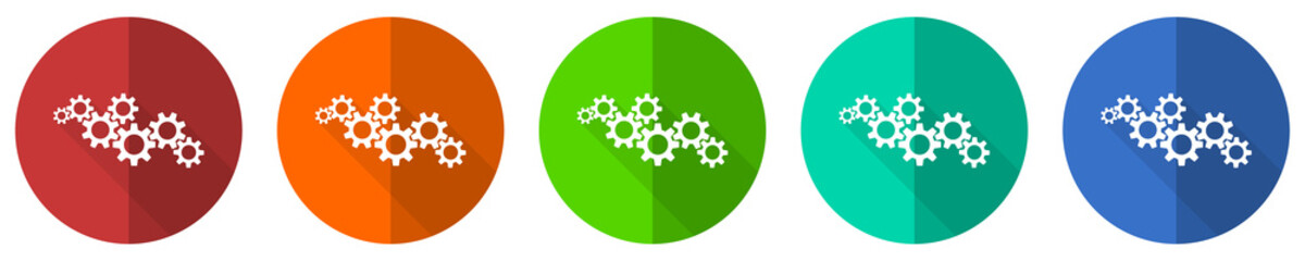 Poster - Cogwheel engineering icon set, red, blue, green and orange flat design web buttons isolated on white background, vector illustration