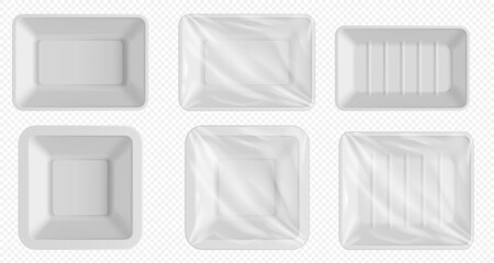 Wall Mural - Plastic food tray. Styrofoam container for frozen food and fresh meat, fish, chicken. Empty food package with clear wrap isolated. Blank plastic tray template set on transparent background