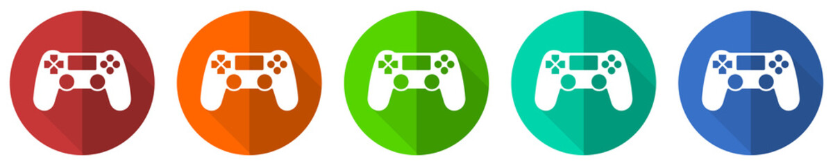 Poster - Wireless gaming controller icon set, gamepad, red, blue, green and orange flat design web buttons isolated on white background, vector illustration