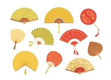 Set Of Asian Paper And Textile Fans Vector Illustration. Collection Of Colorful Realistic Japan And Chinese Traditional Accessories Isolated On White. Vintage Folding Fan With Design Elements