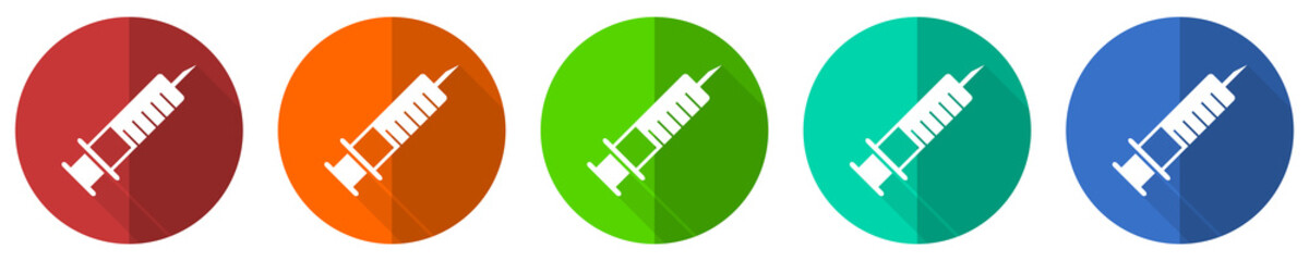 Poster - Syringe, injection icon set, red, blue, green and orange flat design web buttons isolated on white background, vector illustration