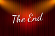 © DG-Studio - The End handwrite title on red round background. Old movie circle ending screen. Vector stock illustration.