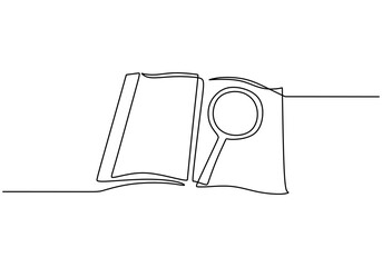 Wall Mural - Magnifier hand drawn by one continuous line art drawing vector illustration minimalist design isolated on white background. A magnifying glass above an open book. Zoom in and discovery concept.