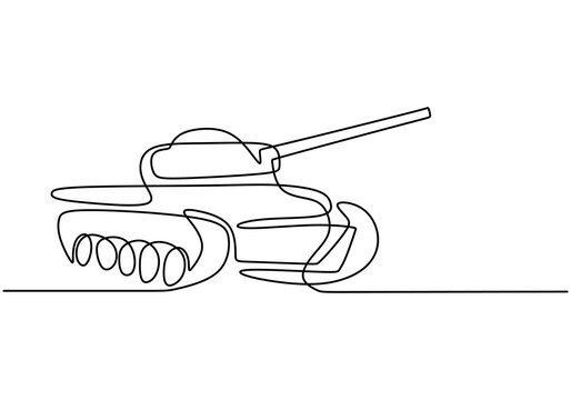 One continuous line drawing of Tank. An armoured fighting vehicle designed for front-line combat and war. Metal war tank with cannon gun. Modern military transportation vehicle concept