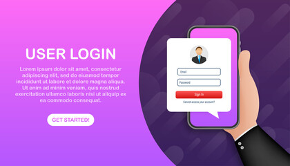 Poster - Sign in to account, user authorization, login authentication page concept. Smartphone with login and password form page on screen. Vector stock illustration.