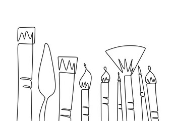 Art equipment of paint brush one continuous line drawing. Types of brushes to paint single hand drawn art line doodle outline isolated minimal illustration cartoon character flat