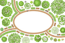Vector Illustration. Landscape Design. Park. Top View. Path, Benches, Trees And Flowers. View From Above. (Space For Your Text)