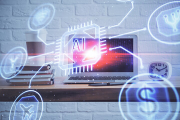 technology theme drawing and table with computer. double exposure. concept of information.