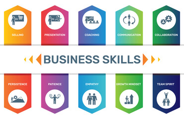 Vector Infographic template Business Skills data visualization. 10 step options. Can be used for process diagram, presentations, workflow layout, banner with BUSINESS SKILLS icons