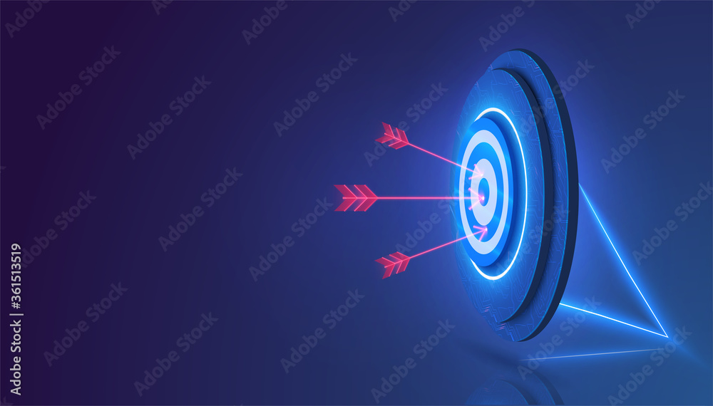 Darts target. Success Business Concept. Target hit in center by arrows, future technology. Business target isometric concept vector illustration.  Symbolic goals achievement, success, victory. Vector - obrazy, fototapety, plakaty 