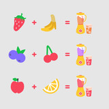 Fototapeta  - Many kinds simple modern colorful fruits like Banana, strawberry, blueberry, cherry, apple, orange, lemon, tangerine & a mixer or blender mix blending together on a flat design illustration vector. 