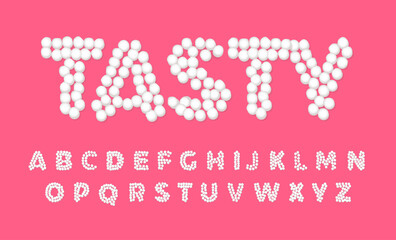 Wall Mural - Marshmallow letters, sweet, tasty and cute font, white letters of dots on pink color background, vector typography for holidays