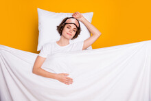 Top View Above High Angle Flat Lay Flatlay Lie Concept Portrait Of Nice Attractive Dreamy Girl Sleeping Resting Asleep Isolated On Bright Vivid Shine Vibrant Yellow Color Background
