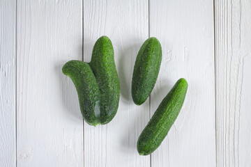 Fresh green cucumbers lie on a white wooden table. Two fresh cucumbers have merged. The view from the top