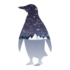 Canvas Print - Double exposure penguin and winter landscape