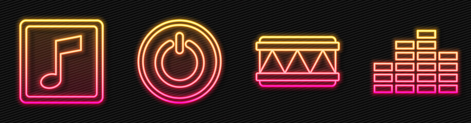 Set line Drum, Music note, tone, Power button and Music equalizer. Glowing neon icon. Vector.