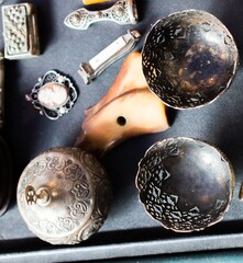 Poster - Overhead shot of vintage objects and plates on a gray background