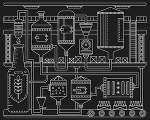Aufkleber - Beer Brewery production conveyor process. Line factory beer black background. Outline vintage stroke linear style vector illustration banner. October festival.