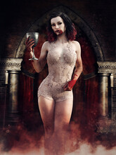Dark Scene With A Vampire Woman Holding A Cup Of Blood In Her Hands, Standing In A Dark Chamber. 3D Render. The Woman Is A 3D Object.