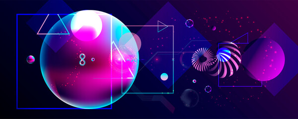 Dark retro futuristic art neon abstraction background cosmos new art 3d starry sky glowing galaxy and planets blue circles