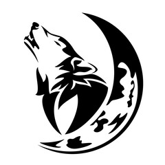 Wall Mural - howling wolf profile head and crescent moon black and white vector outline