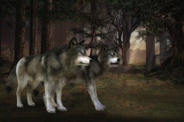 Wall Mural - 3D Rendered Fantasy Forest Landscape At Night With Two Gray Wolves - 3D Illustration