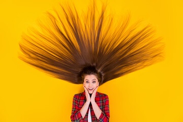 Sticker - Top view above high angle flat lay flatlay lie concept of her she nice attractive cheery long-haired girl silky modern beauty vitality isolated on bright vivid shine vibrant yellow color background