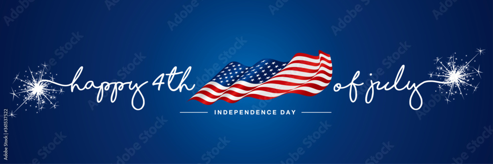 4th of july Happy Independence day handwritten typography text USA wavy flag blue background banner - obrazy, fototapety, plakaty 