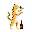 Vector illustration with drinking red wine tiger with glass wine and bottle. Trendy print design with wild animal and alcohol, home decoration poster template with rough texture