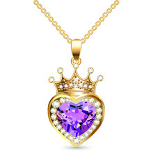 Illustration Jewelry Gold Pendant Heart Made Of Gemstone With A Crown On A Chain