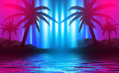 silhouettes of tropical palm trees on a background of abstract background with neon glow. reflection