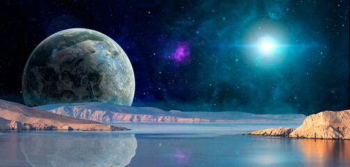 Space background. Planet and colorful nebula with mountain reflection in water, sea. Photo manipulation, elements furnished by NASA. 3D rendering