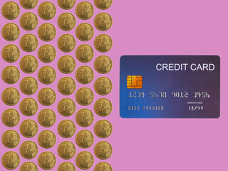 Gold coins and blue credit card on pink background. Flat lay or top view coins and credit card, business concept