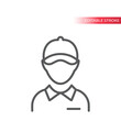 © Tsvetina - Employee with collar and hat thin line vector icon. Delivery boy or worker with visor cap outline symbol, editable stroke.